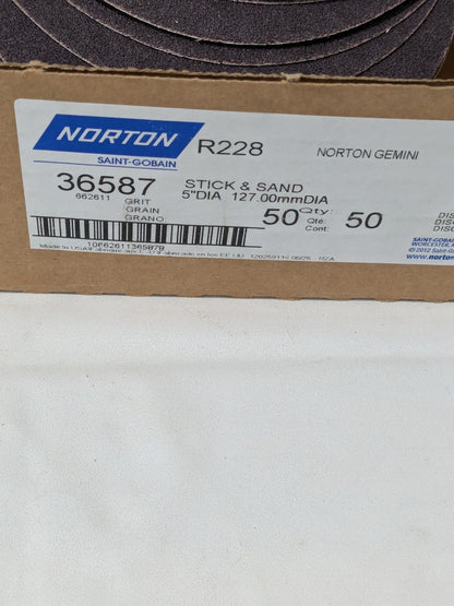 Norton 5" Dia PSA Disc: 50 Grit, Aluminum Oxide Box of 50 66261136587