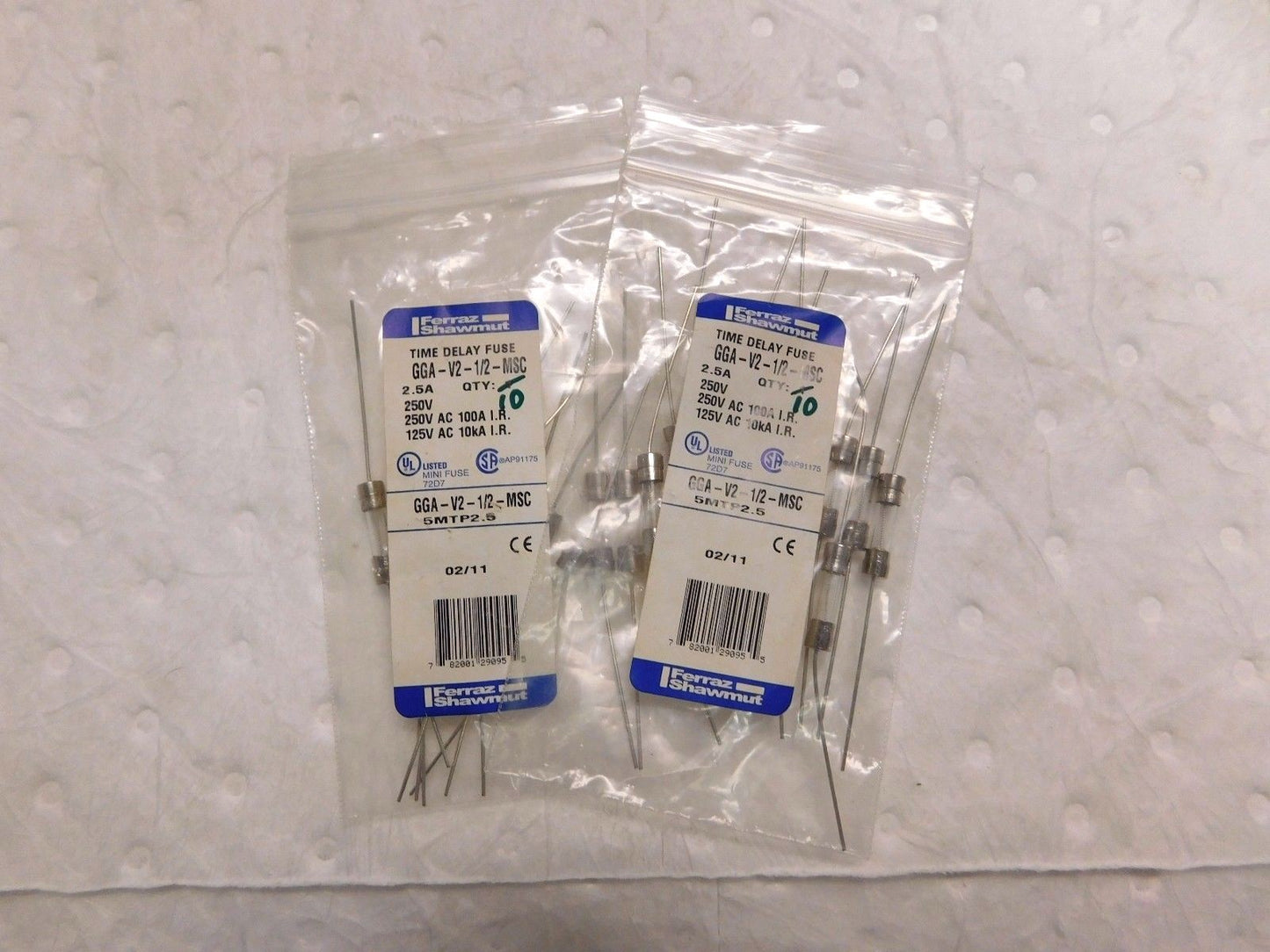 Ferraz Shawmut Time Delay Mini Glass Fuse 250V 2.5A 10PK Lot of 2 GGA-V2-1/2