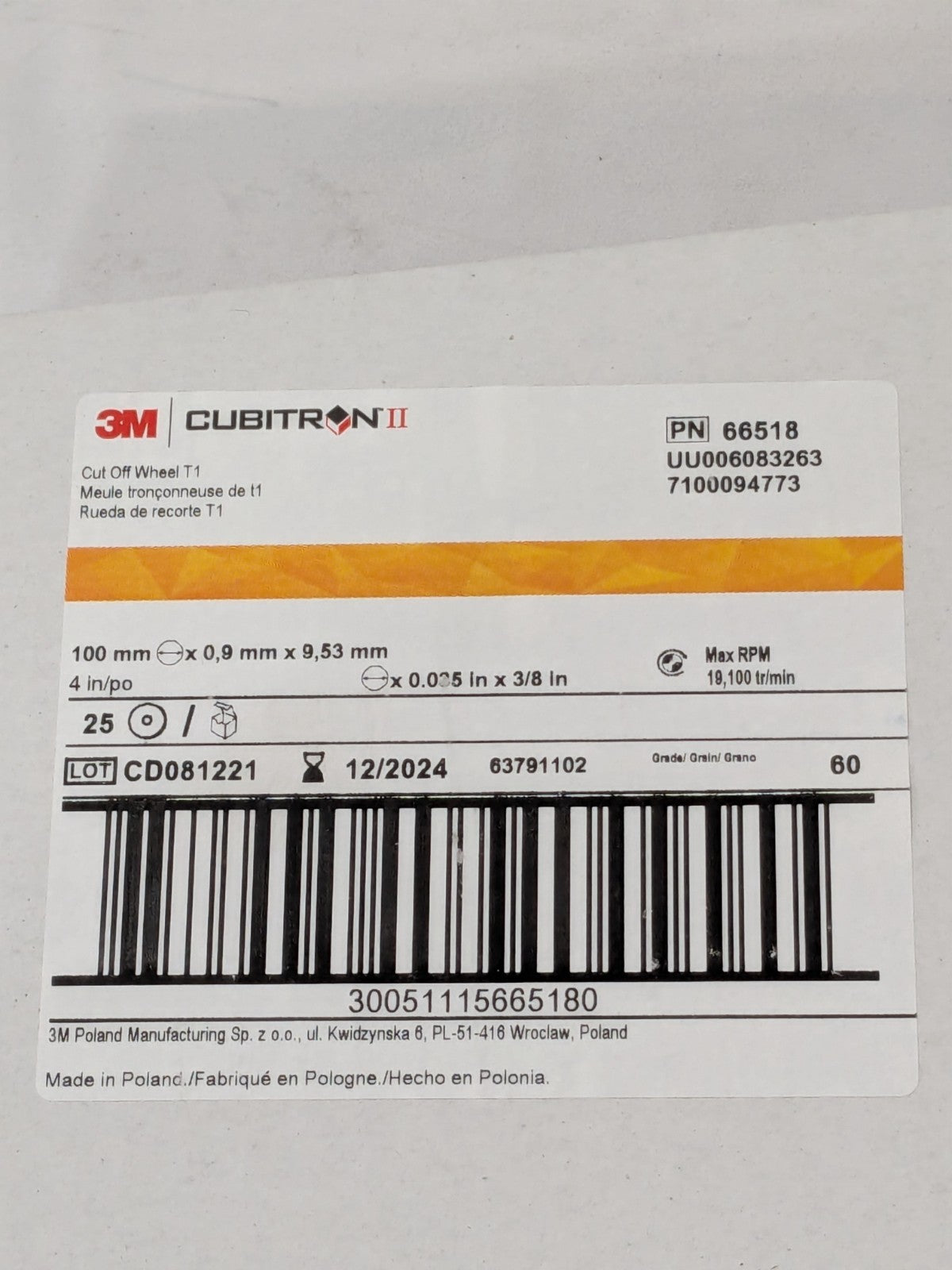 3M Cut-Off Wheel: T1, 4 in x .035 in x 3/8 in Pack of 25 66518