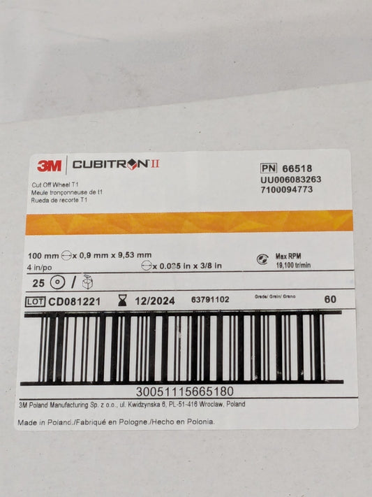 3M Cut-Off Wheel: T1, 4 in x .035 in x 3/8 in Pack of 25 66518