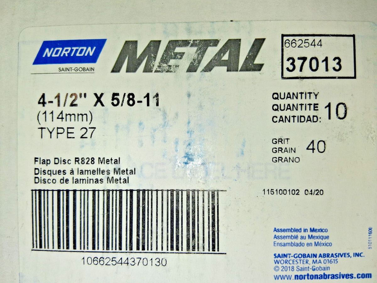 Norton Metal Fiberglass Flat Flap Discs 4-1/2"X5/8-11" 40 Grit Qty10 66254437013