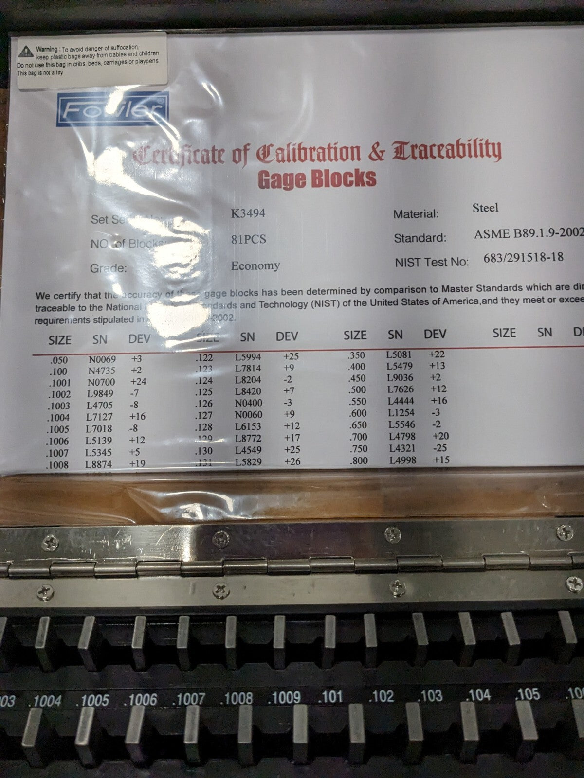 FOWLER 81 Pc Gage Block Set: 0.05 to 4'' Range, Economy Grade 53-672-081-0