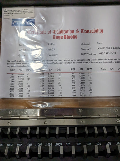 FOWLER 81 Pc Gage Block Set: 0.05 to 4'' Range, Economy Grade 53-672-081-0