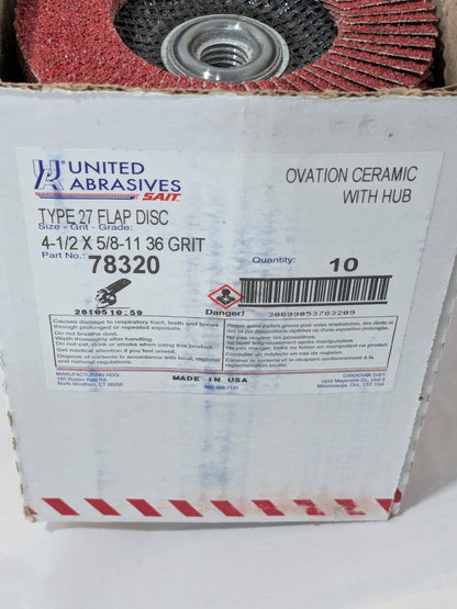 United Flap Disc: 4-1/2" Dia, 36 Grit, Ceramic Alumina, Type 27 Qty 10 78320