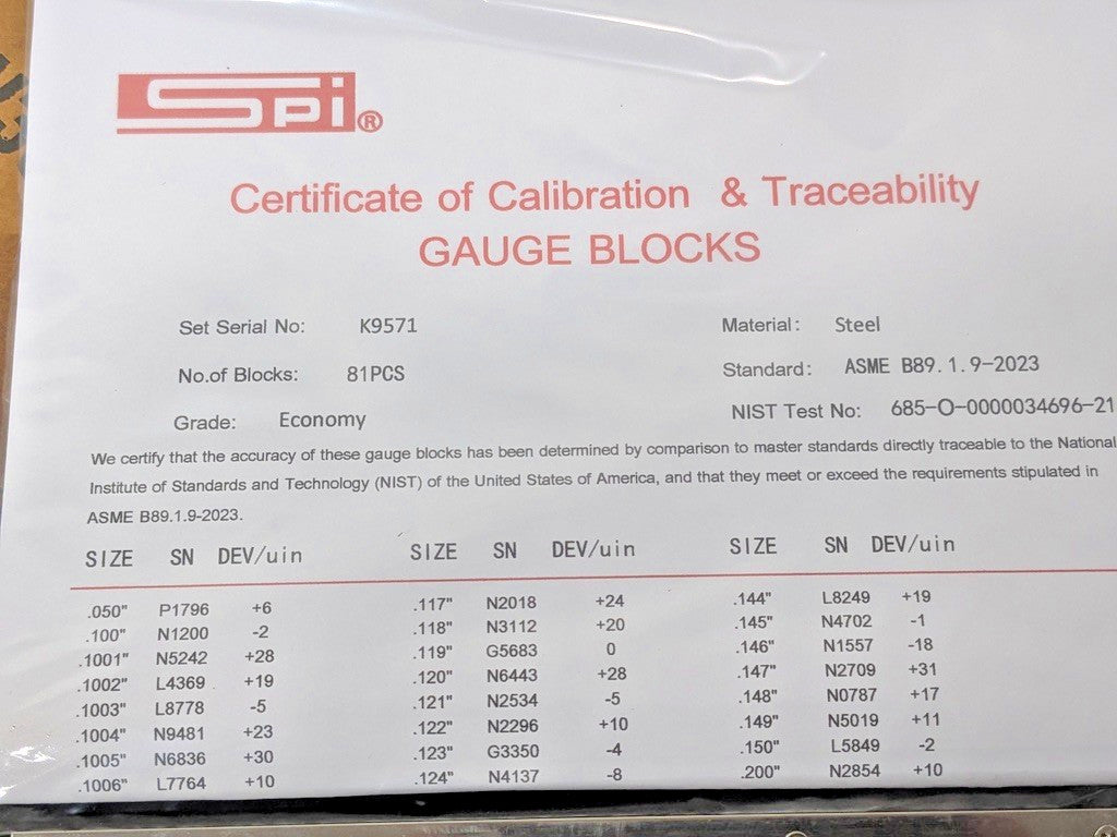 SPI 81 Piece Gage Block Set 0.05 to 4'' Range Economy Grade 30-912-0