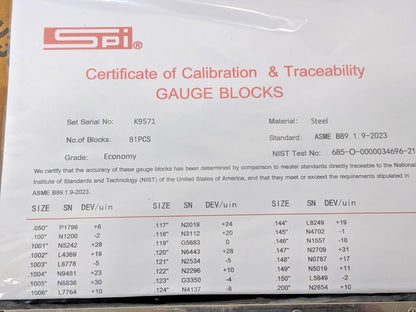 SPI 81 Piece Gage Block Set 0.05 to 4'' Range Economy Grade 30-912-0