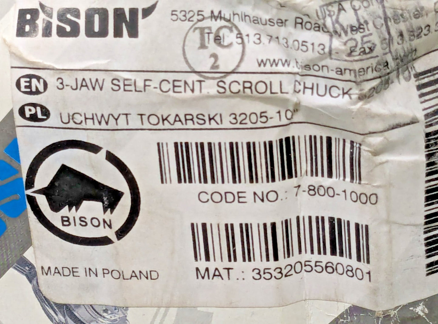 Bison 3 Jaw Self-Centering Lathe Chuck 10" Dia Plain Back 3205-10" 7-800-1000
