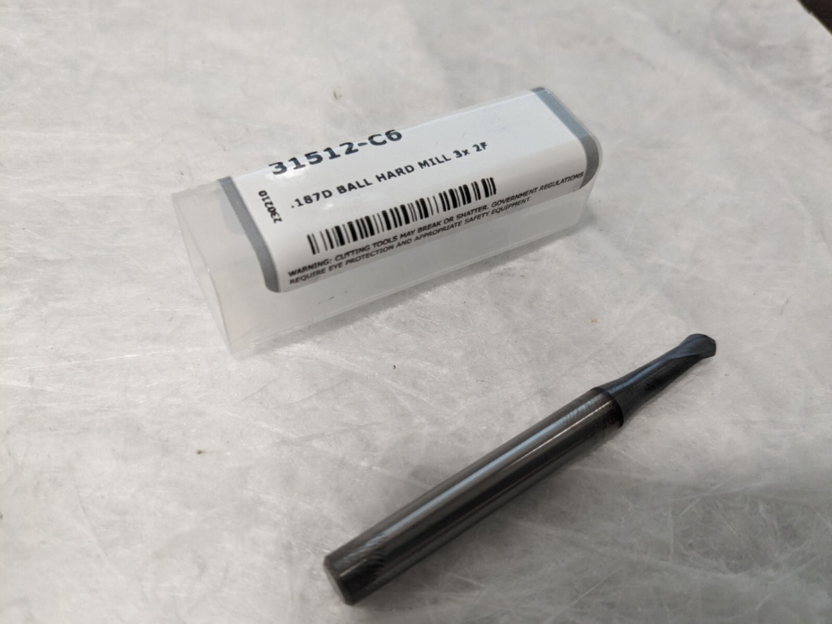 HARVEY TOOL Ball End Mill: 3/16 Dia, 0.1500 LOC, 2 Fl 31512-C6