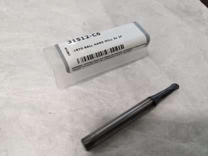 HARVEY TOOL Ball End Mill: 3/16 Dia, 0.1500 LOC, 2 Fl 31512-C6