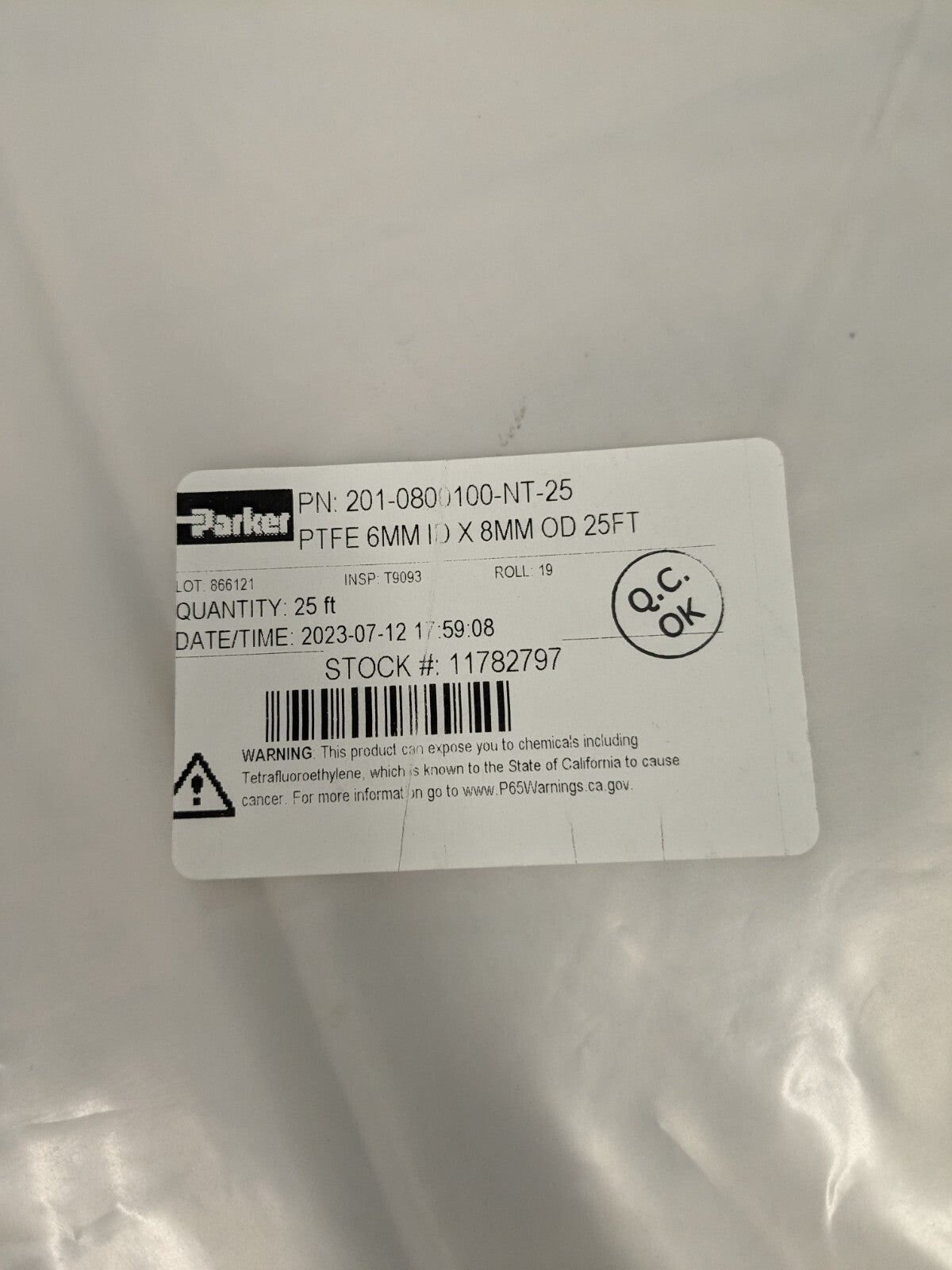 PARKER Nylon Tube: 0.18" ID, 1/4" OD 25ft long NN-4-035-0100