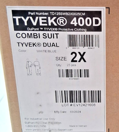 Dupont Disposable Coveralls 2XL Tyvek 400 D TD125SWB QTY25 TD125SWB2X0025CM