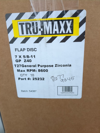 Tru-Maxx 10ct 7" 40 Grit 5/8-11 Center Hole Type 27 Zirconia Alumina Flap D