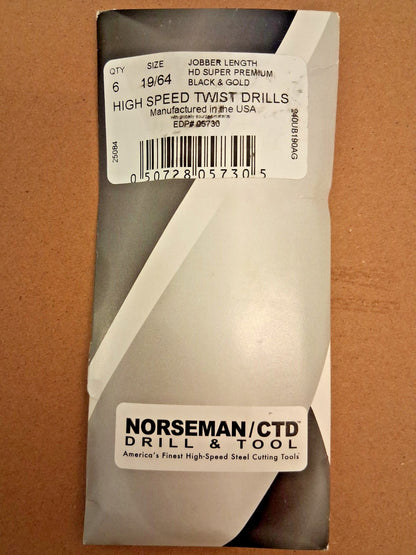Norseman/CTD Drill & Tool Jobber Length Drill Bits QTY6 19/64" Dia 300SBTA 19/64