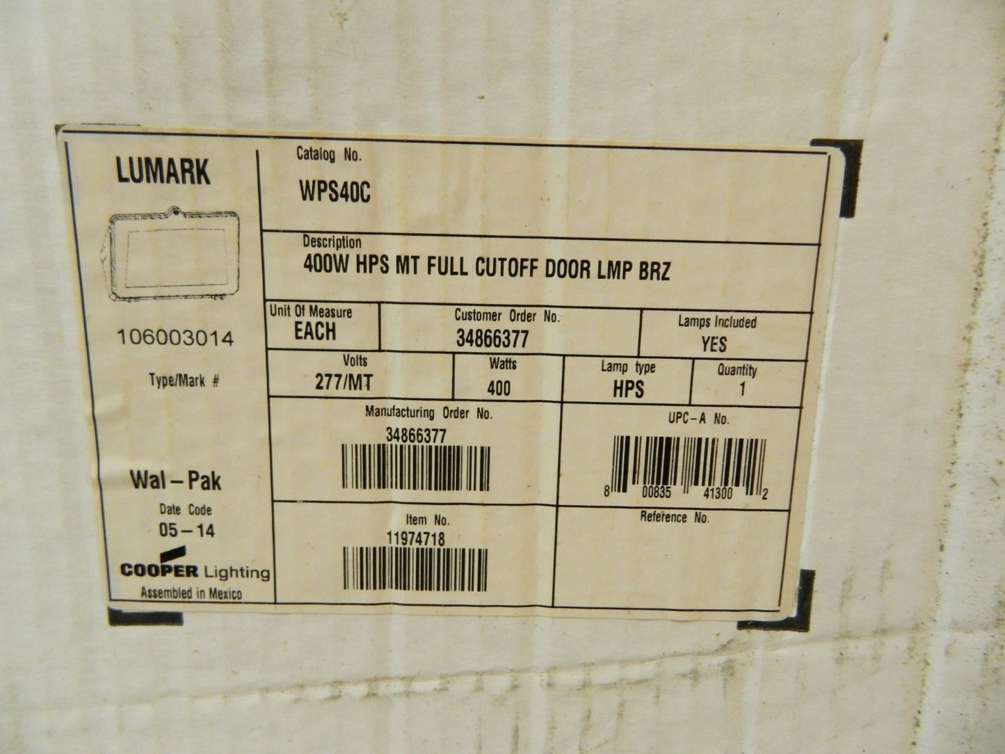 Cooper Lighting Wall Pack Light Fixture 400 Watt 120-277 Volt WPS40C