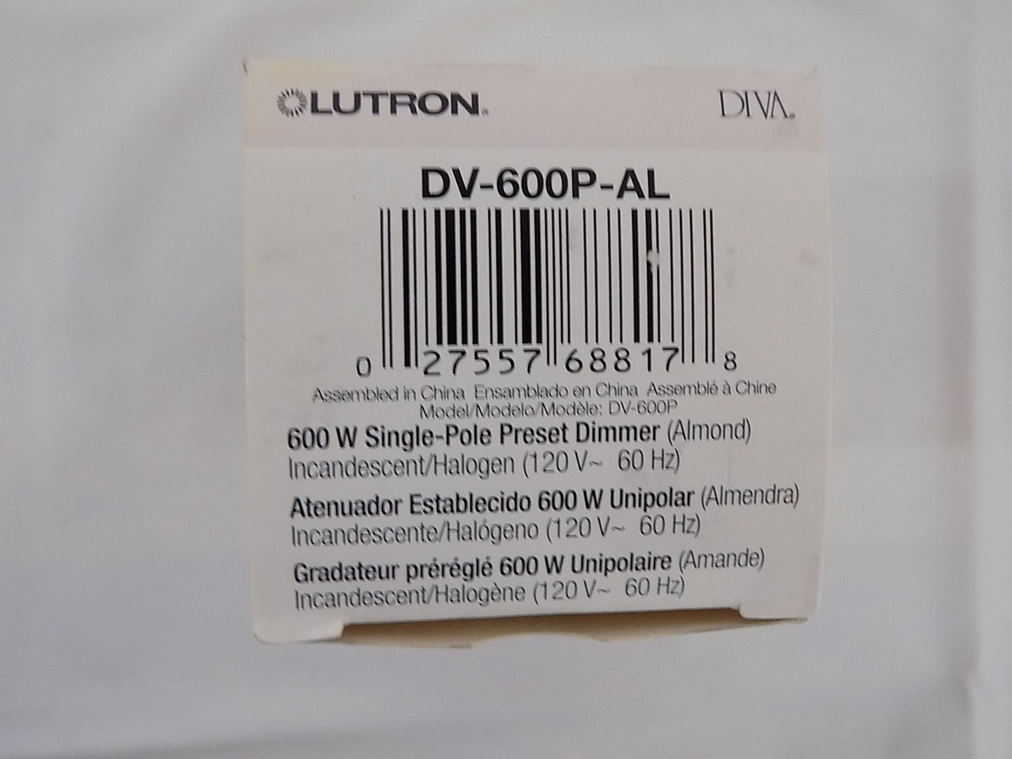 Lutron DV-600P-AL Diva 600W Incandescent / Halogen Single Pole Dimmer Almond