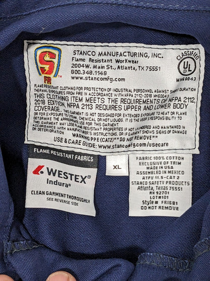 Stanco Flame Resistant Coverall: Sz XL, Indura Ultra Soft Navy Blue FRI-681NB-XL