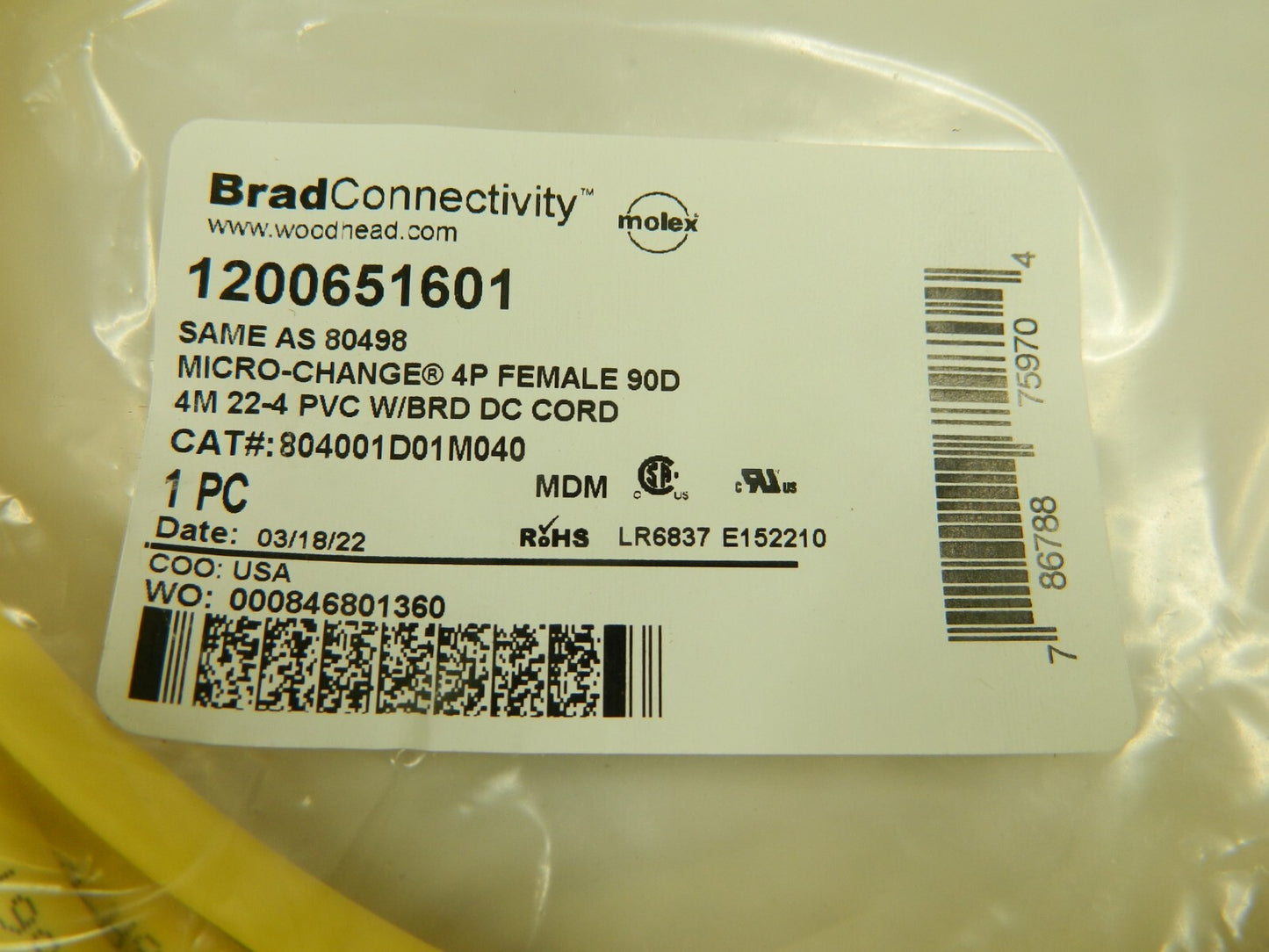 Brad Connectivity 1200651601 Micro-Change 4P Female 90D Qty 5 804001D01M040