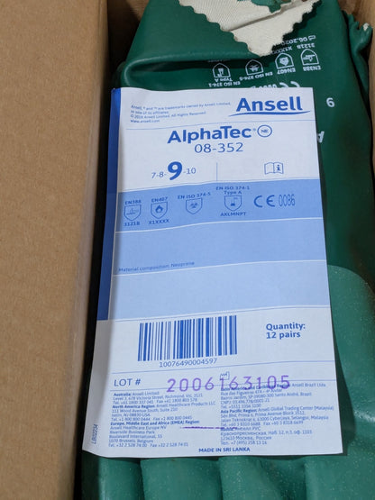Ansell Chemical Resistant Gloves: AlphaTEC™ 08-352, Se L Box of  12 Pairs 212512