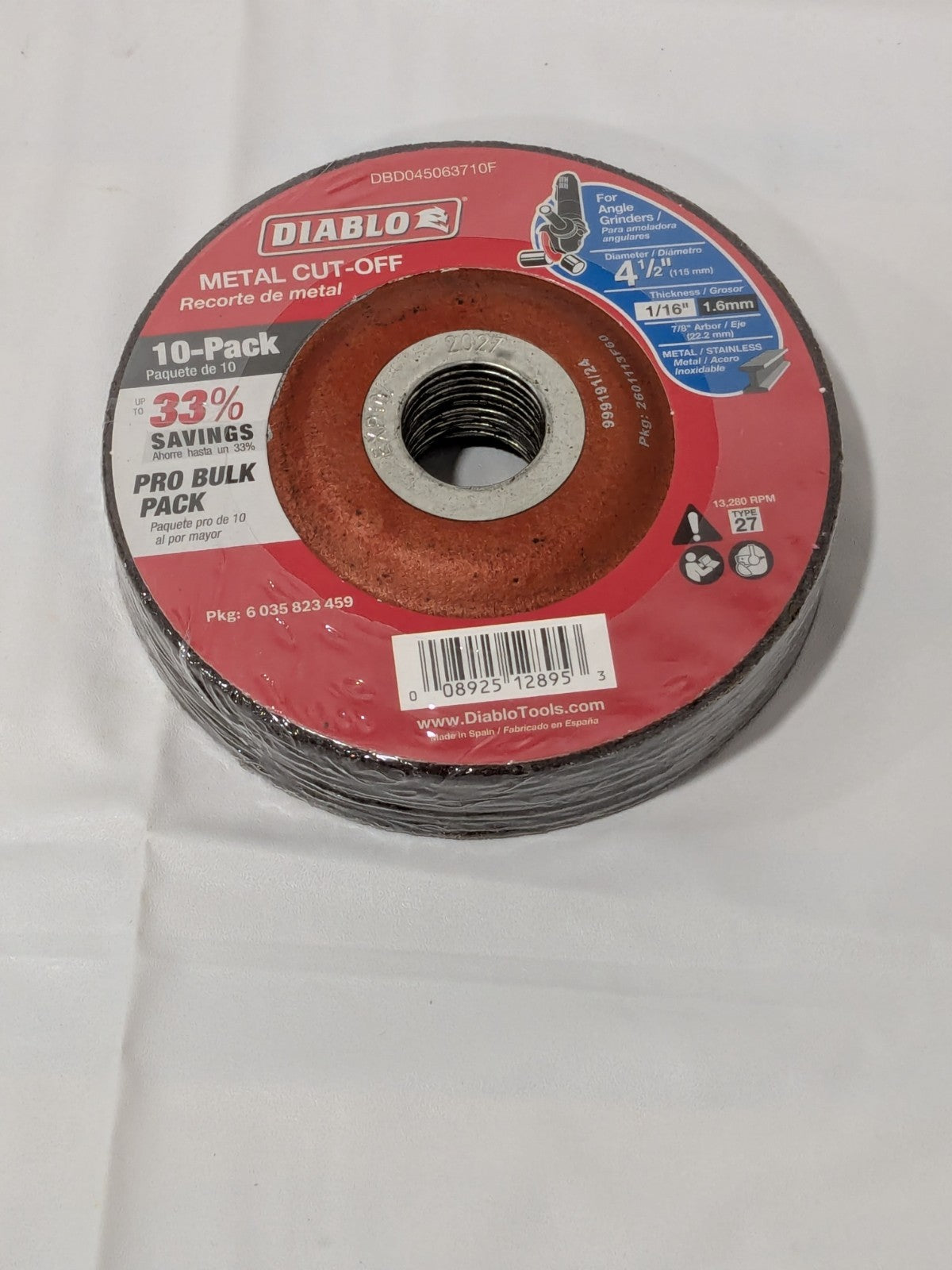 DIABLO Depressed-Center Wheel 4-1/2" Dia 1/16" Thic 7/8" Hole 10PK DBD045063710F