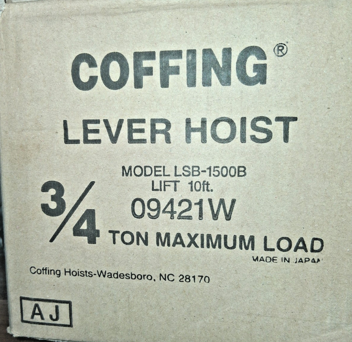 Coffing Lift Height Chain Manual Lever Hoist  1,500 Lb 10' 09421W