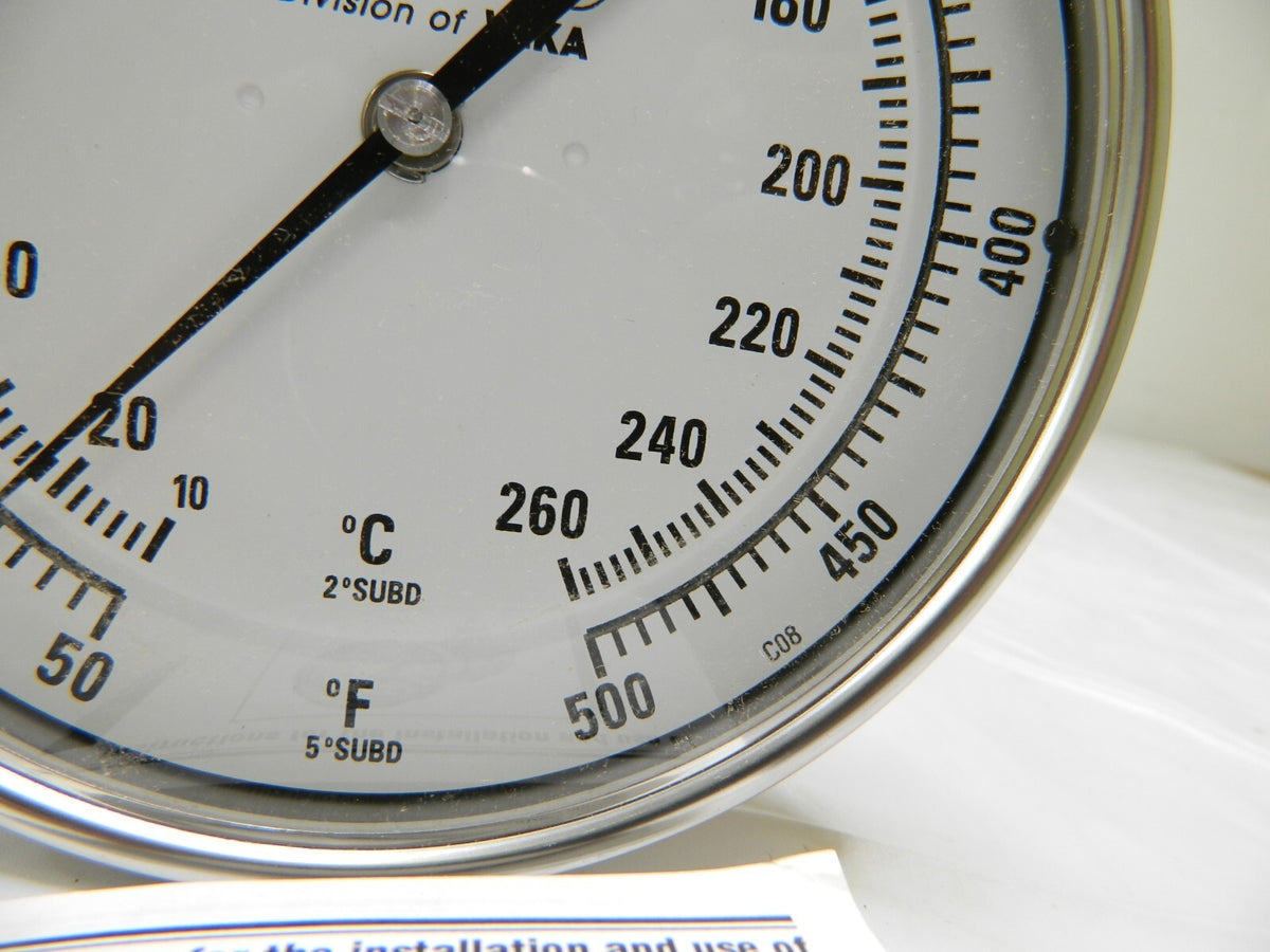 WIKA Bimetal Dial Thermometer: 50 to 500 ° F, 9" Stem Length 52090A010A4SF