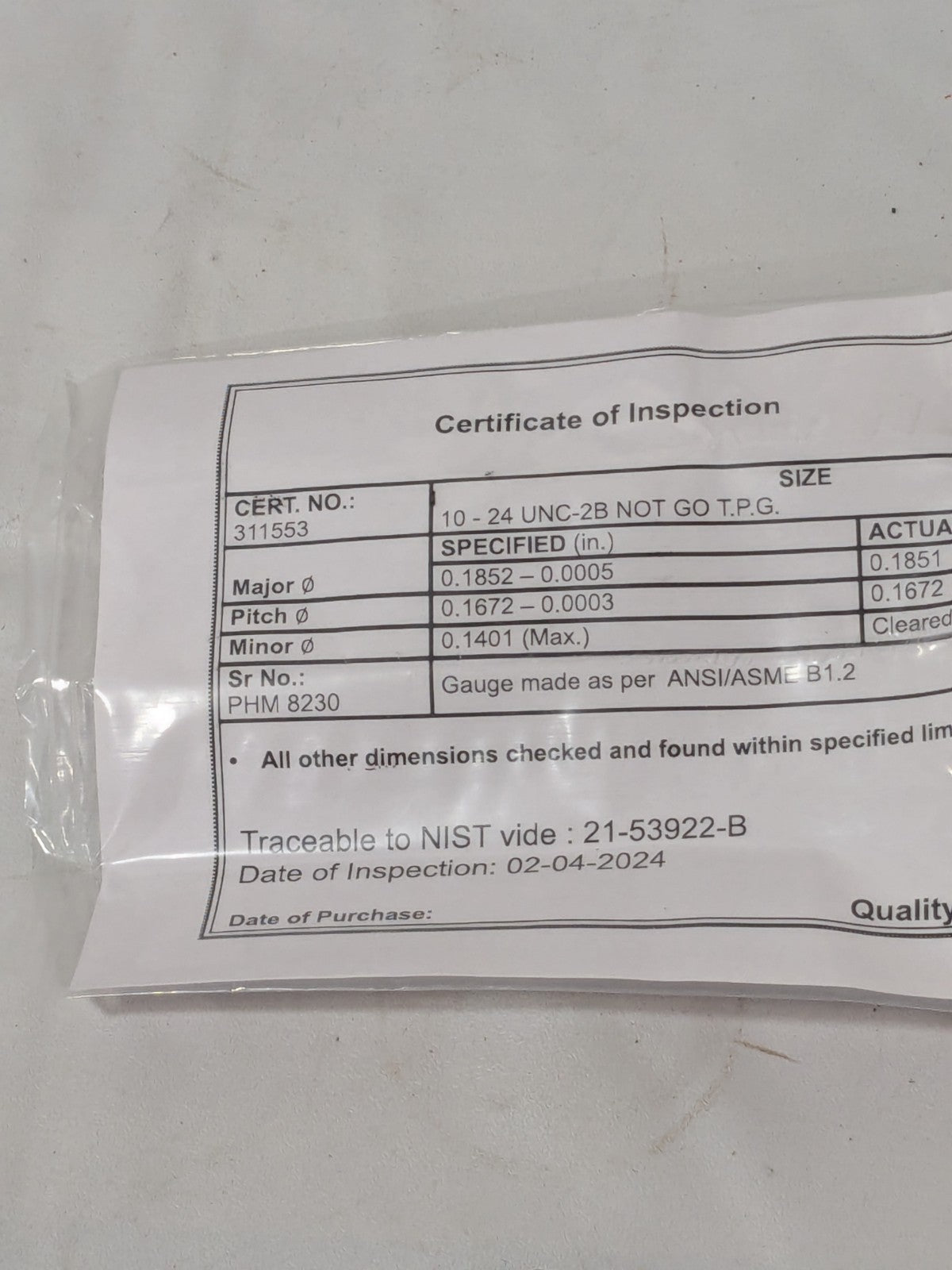 SPI Plug Thread Gage: #10-24 Thread, 2B Class, No Go 34-367-3