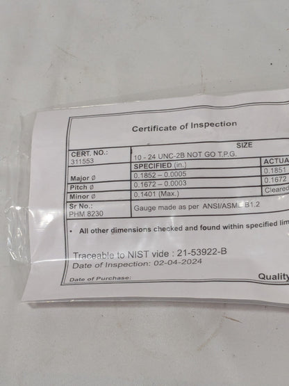 SPI Plug Thread Gage: #10-24 Thread, 2B Class, No Go 34-367-3