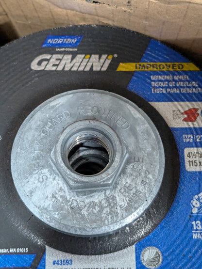 Norton Depressed-Center Wheel: Type 27, 4-1/2" Dia, Box of 10 66252843593