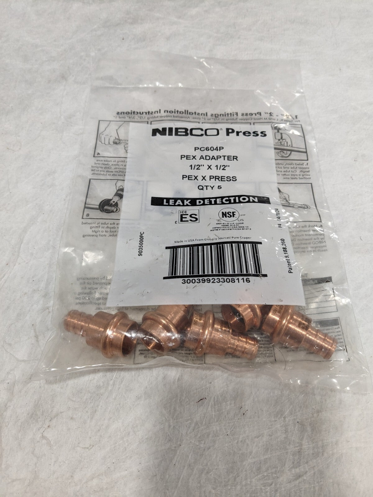 Nibco 1/2" PEX x 1/2" Press Copper Fittings Qty 5 PC604P