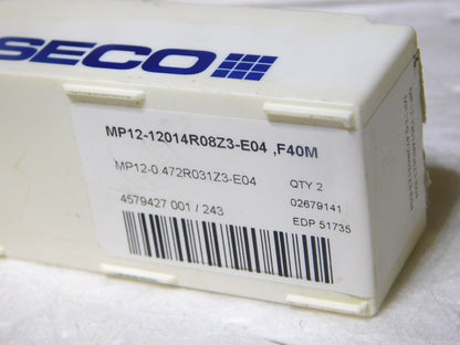 Seco Carbide Milling Tip Insert MP12-12014R08Z3-E04 Grade-F40M 3Fl Qty 2 51735