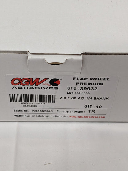 CGW Mounted Flap Wheel: 2" Dia, 1" Face Width, 60 Grit Qty 10 39932