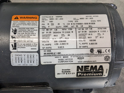 US Motors U32P2D General Purpose Motor 1.5 HP 208-230/460V 3 Phase DAMAGE