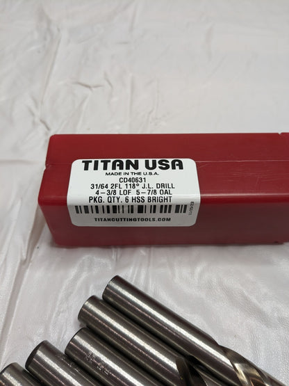 TITAN USA Jobber Length Drill Bit: 0.4844" Dia, 118º Qty 6 CD40631