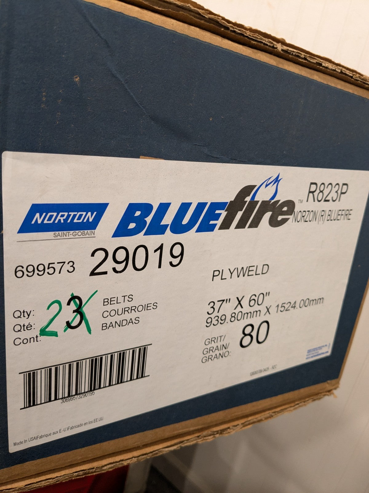 (2) Norton Abrasive Belt: 37" Wide, 60" OAL, 80G, Zirconia Alumina 69957329019