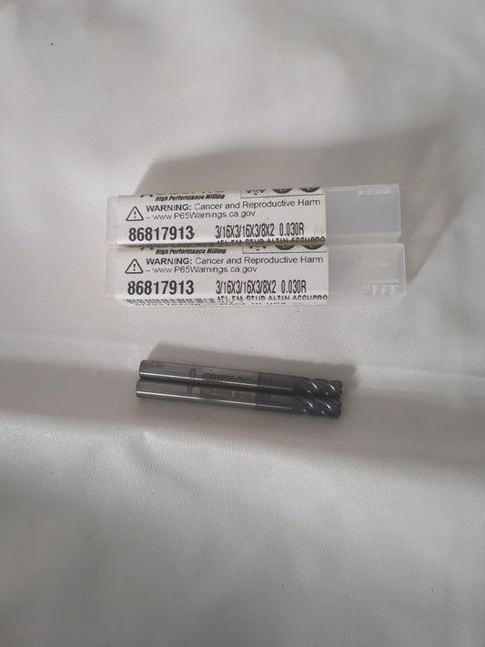 Accupro 2pk Corner Radius End Mill 3/16" Dia 3/8" LOC 4fl solid carbide 12182772