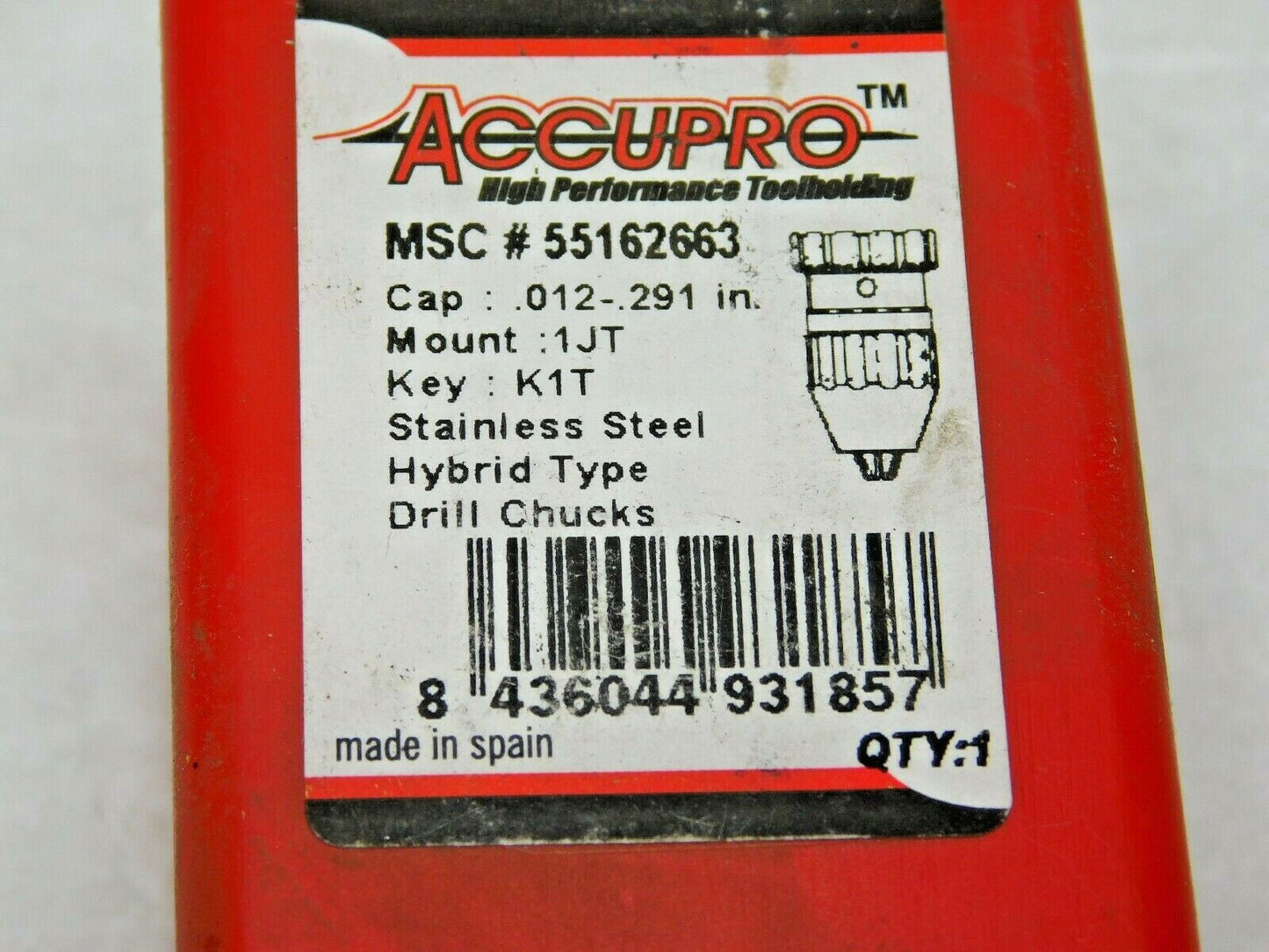 Accupro Tapered Mount Stainless Steel Drill Chuck JT1 .012"-.291" Cap
