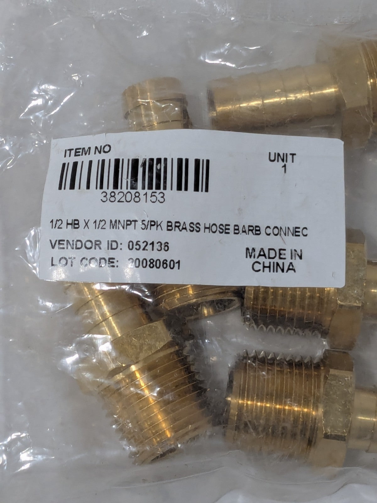 Barbed Hose Fitting: 1/2" NPT, 1/2" Hose ID, Male, Brass Qty 5 3820815