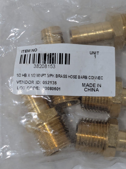 Barbed Hose Fitting: 1/2" NPT, 1/2" Hose ID, Male, Brass Qty 5 3820815