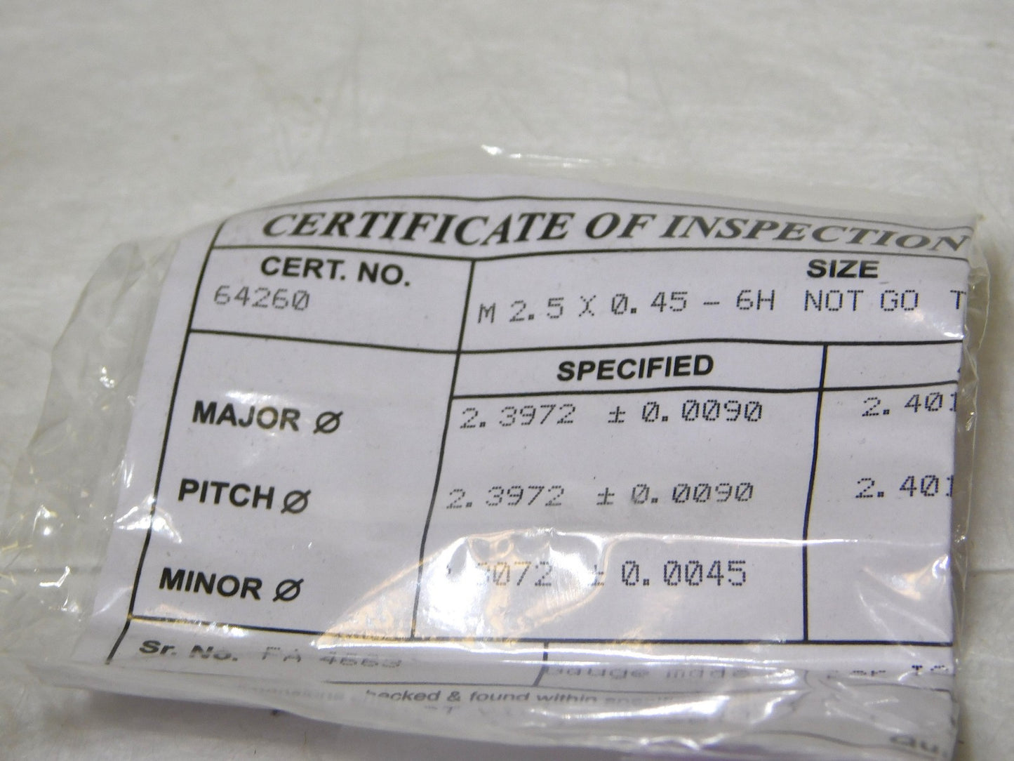 SPI Metric Taperlock Thread Plug Gage Single End M2.5x.45 Thread NOGO 34-576-9