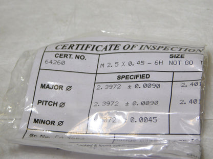 SPI Metric Taperlock Thread Plug Gage Single End M2.5x.45 Thread NOGO 34-576-9