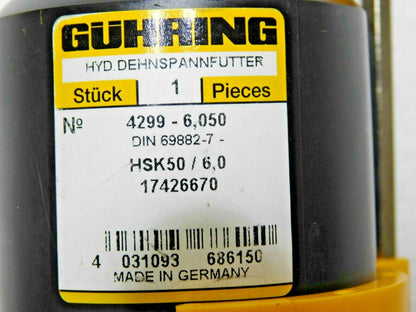 Guhring Hydraulic Chuck HSK50A Through Coolant 6mm Hole Diam 4299 6.050