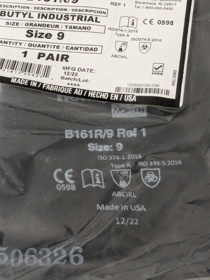 NORTH Chemical Resistant Gloves: North Sz L, 16.00 mil, Butyl B161R/9