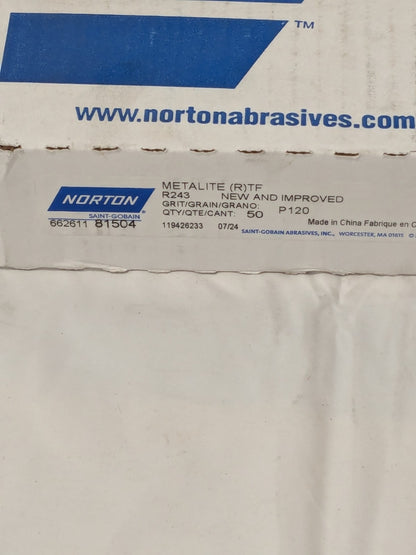 (50) Norton Sanding Sheets: 9" W x 11" OAL, 120 G, Aluminum Oxide 66261181504