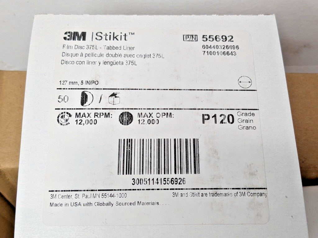 250 PACK 3M Stikit Film Discs 375L w/Tabbed Liner 5"Dia P120 55692 7100106643