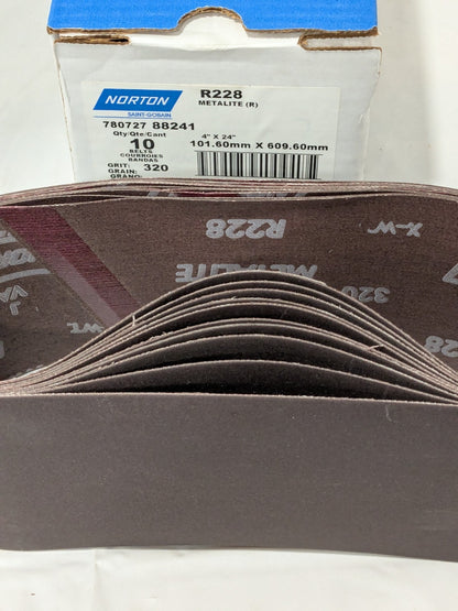(10) Norton Abrasive Belt 4" Wide, 24" OAL, 320 Grit, Aluminum Oxide 78072788241