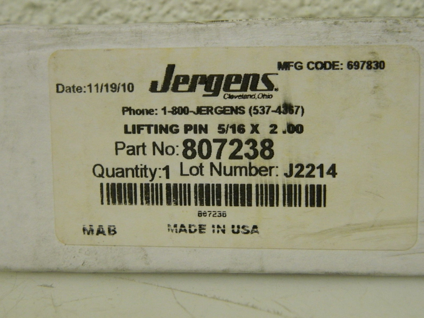 Jergens Lifting Pin 5/16" Pin Diam 2" Grip Length 700 Lbs. Load Cap 80