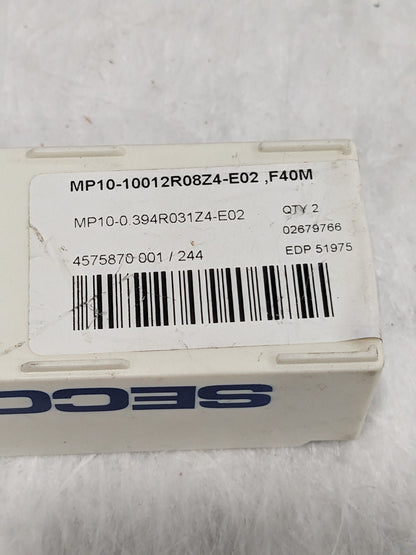 SECO Square-Shoulder Milling Tip Insert: MP10-10012R08Z4-E02 F40M Qty 2 02679766