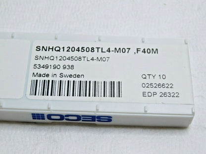 Seco Carbide Milling Inserts SNHQ1204508TL4-M07 Grade F40M Qty 10 26322