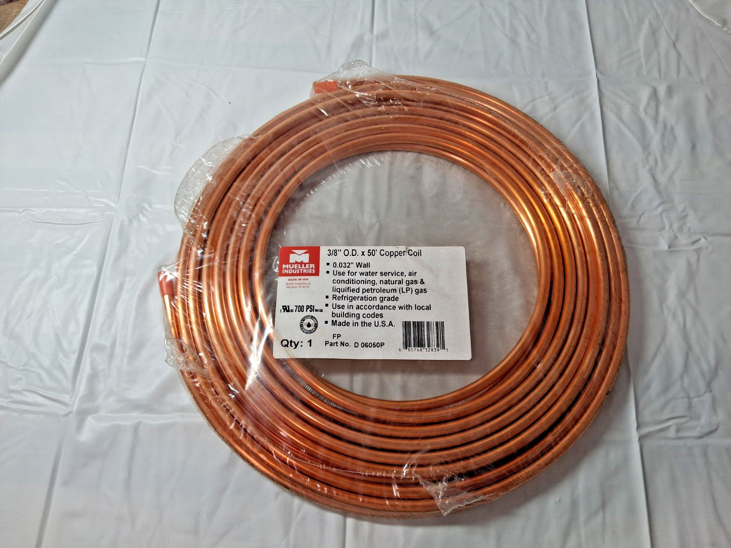 Mueller Industries Copper Seamless Tube 50FT L 3/8" OD x 0.311" ID D06050P