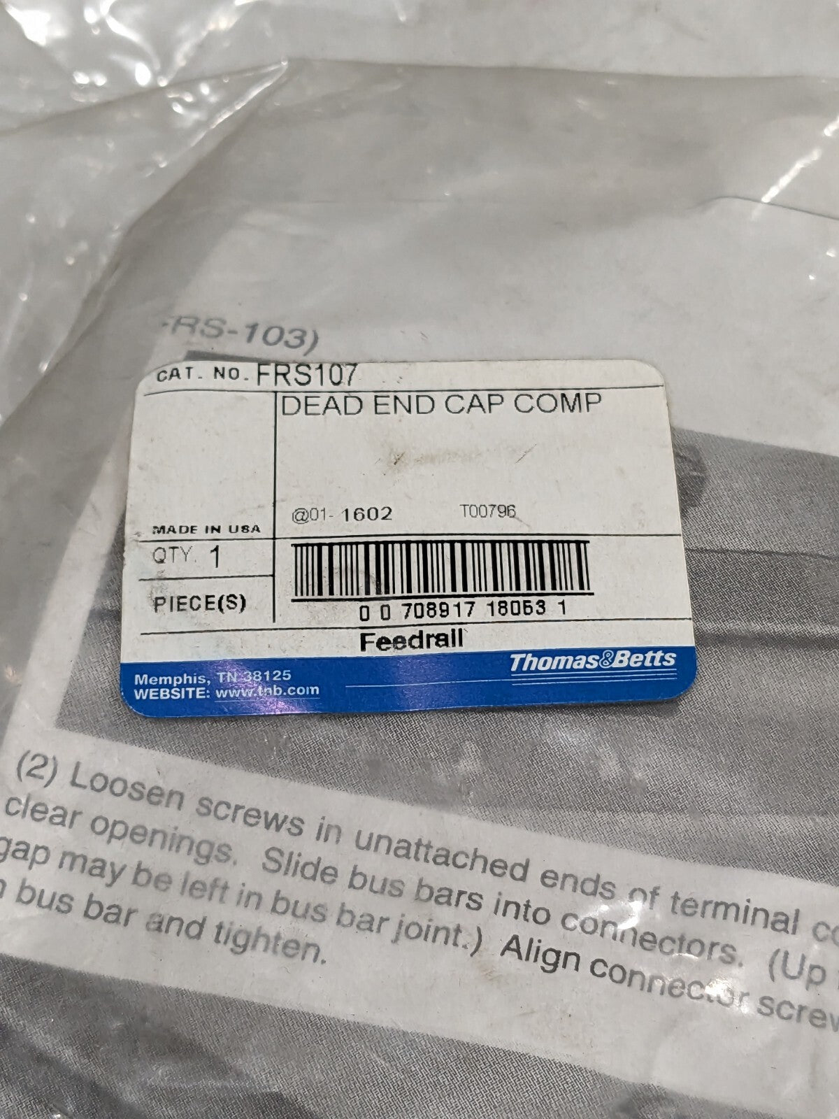 THOMAS & BETTS FEEDRAIL PRODUCTS DEAD END CAP FRS107